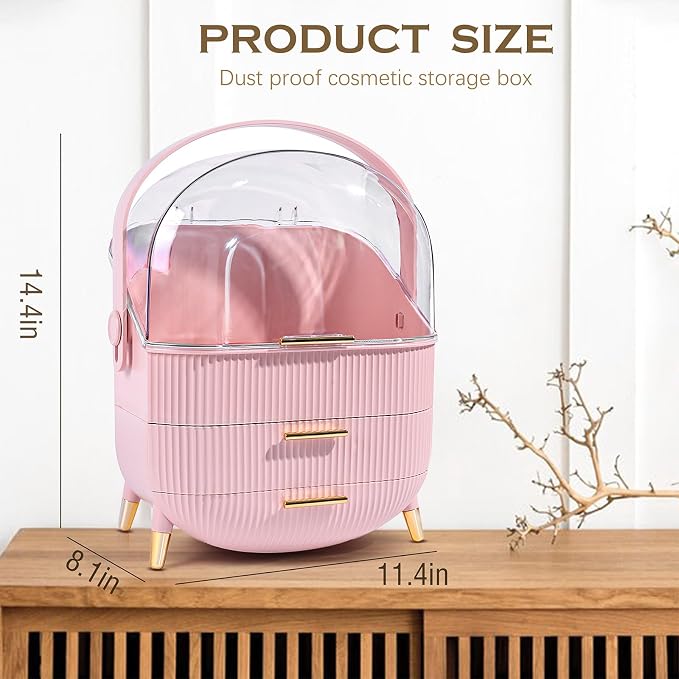 lurcns Vanity Organizer with Lid and Drawers, Beauty Skin Care Storage for Countertop, Birthday Gift for Teen Girls, 10 11 12 13 14 15 16 17 18 Year Old Girl Gifts, Pink Makeup Holder for Dresser | for Vanity