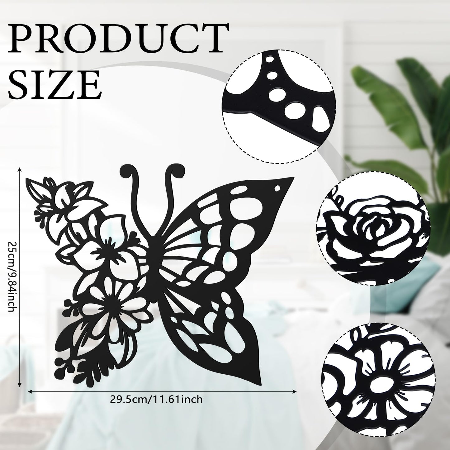 LOYIM 4 Pcs Butterfly Wall Decoration Metal Butterfly Wall Decor Metal Leaf Wall Art Moon Phases Floral Boho Wall Hanging Home Flower Appearance for Bedroom Living Room Home Indoor (Black,Graceful)