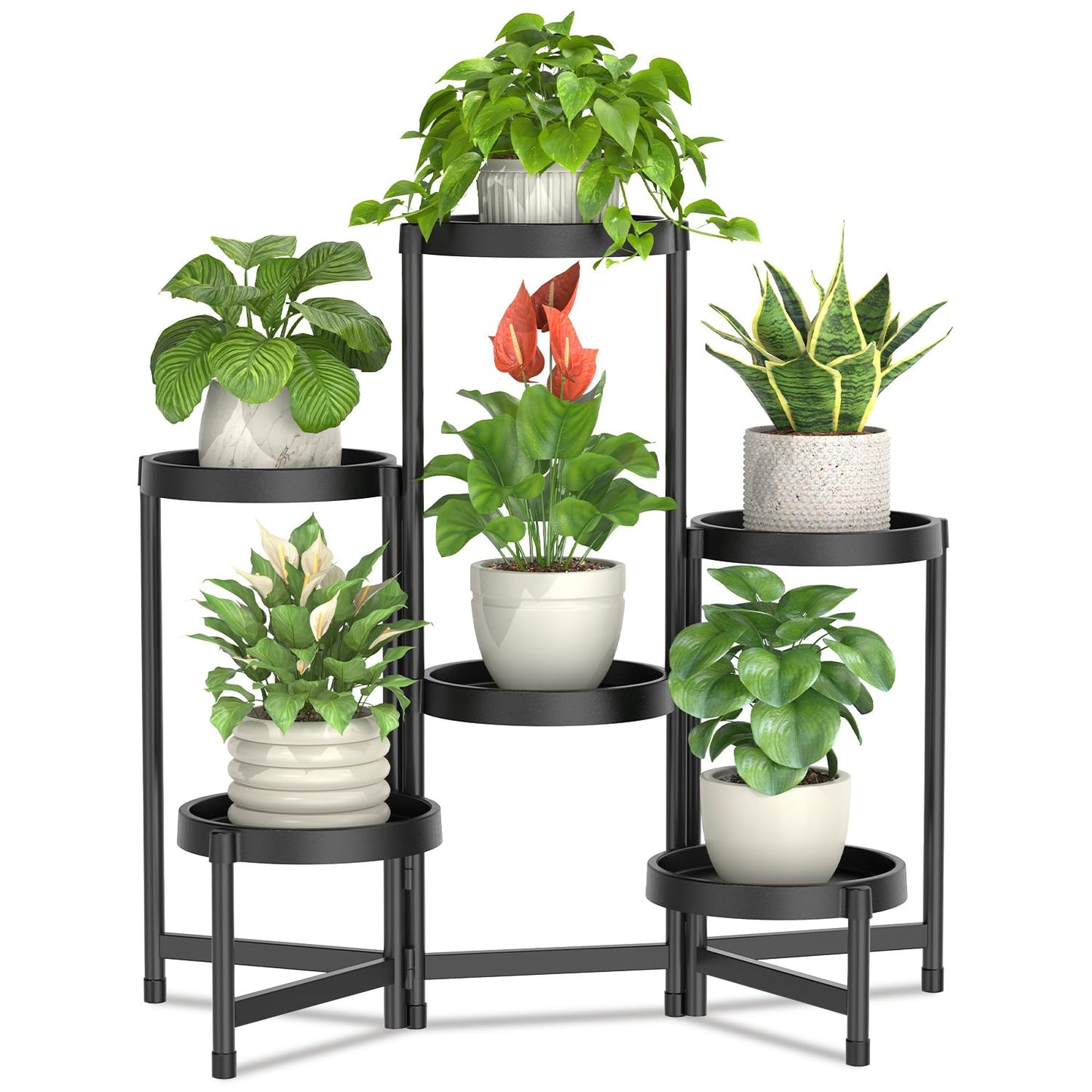 LASZOLA 6 Tiered Plant Stand Indoor Outdoor with Plastic Tray, Corner Folding Tall Flower Display Rack, Modern Plant Holder Shelf for Outdoor Patio Porch Garden Office Living Room, Black