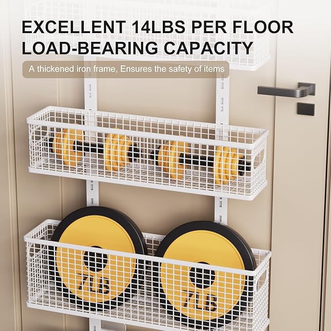 6-Tier Over The Door Pantry Organizer,Hanging Spice Rack,Grid Basket,White | Height Adjustable,Easy Grip Handle,Large Capacity,For Pantry Door,Laundry Room,Bathroom,Kitchen,D5.3xW15.7xH60.9in