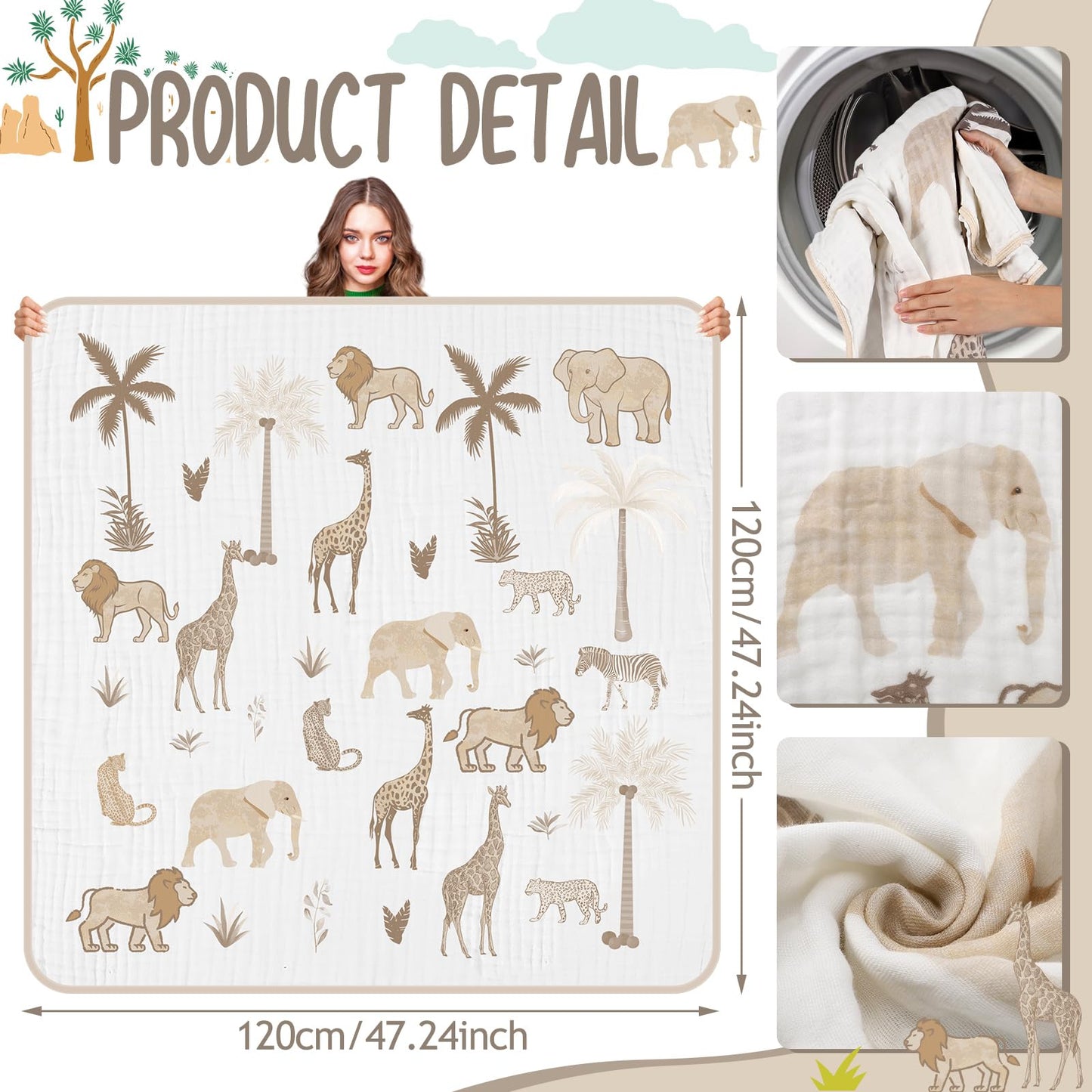 SmoothNovelty Safari Animal Muslin Blanket 47 x 47 Inch Warm Soft Cotton Muslin Swaddle Blanket Nursery Swaddling Wrap Quilt for Bedding Gift, Cold Weather, Jungle Theme Nursery Decor