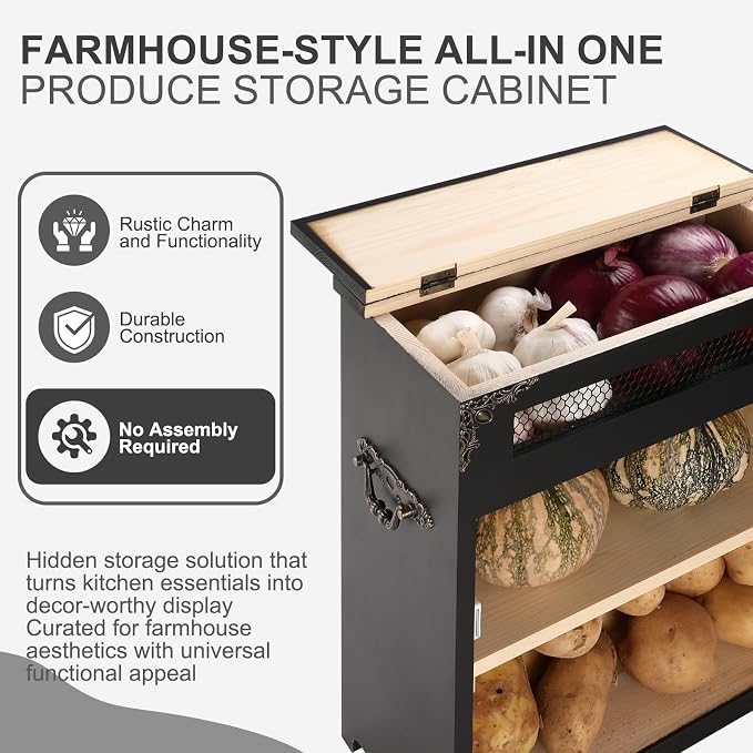 Mini Potato and Onion Storage Bin - Wooden Storage Box for Kitchen Countertops, Vegetable Storage Bins, 12.2" W x 6.5" D x 16" H (Black)