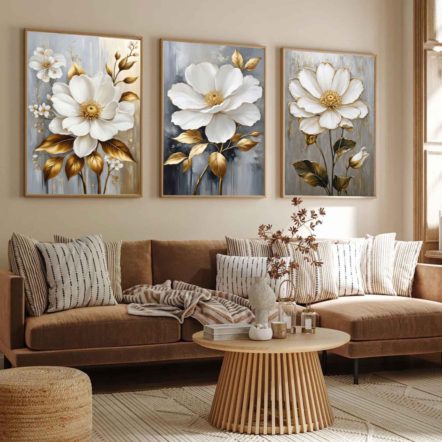 3Pcs White Flower Gold Leaf Canvas Wall Art Modern Plants Flowers Painting Decor Pictures Neutral Floral Bloom Posters Prints for Office Living Room Bathroom Bedroom Decoration No Frames