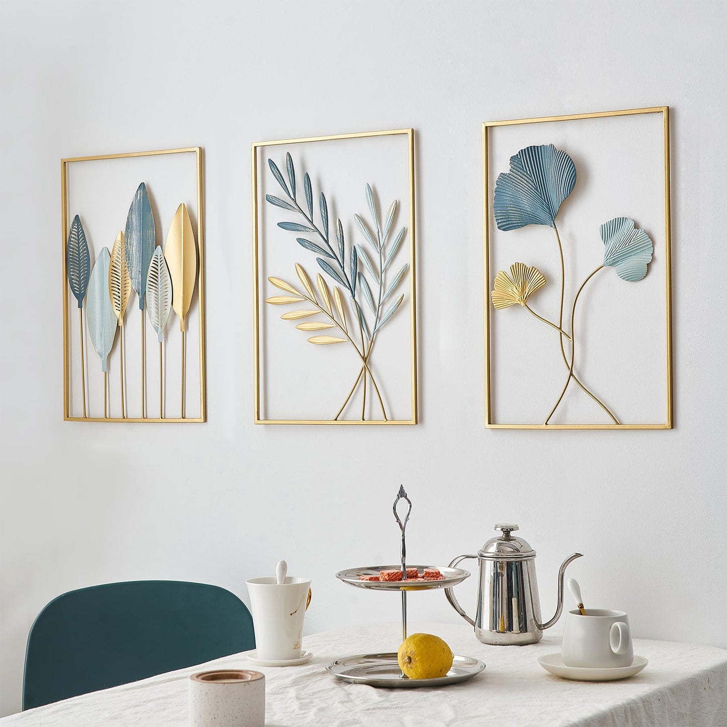 FUNTEREST Gold Leaf Wall Decor Modern Wall Art Home Decor, Set of 3 Metal Wall Hanging Decoration for Living Room Office Bedroom Hotel