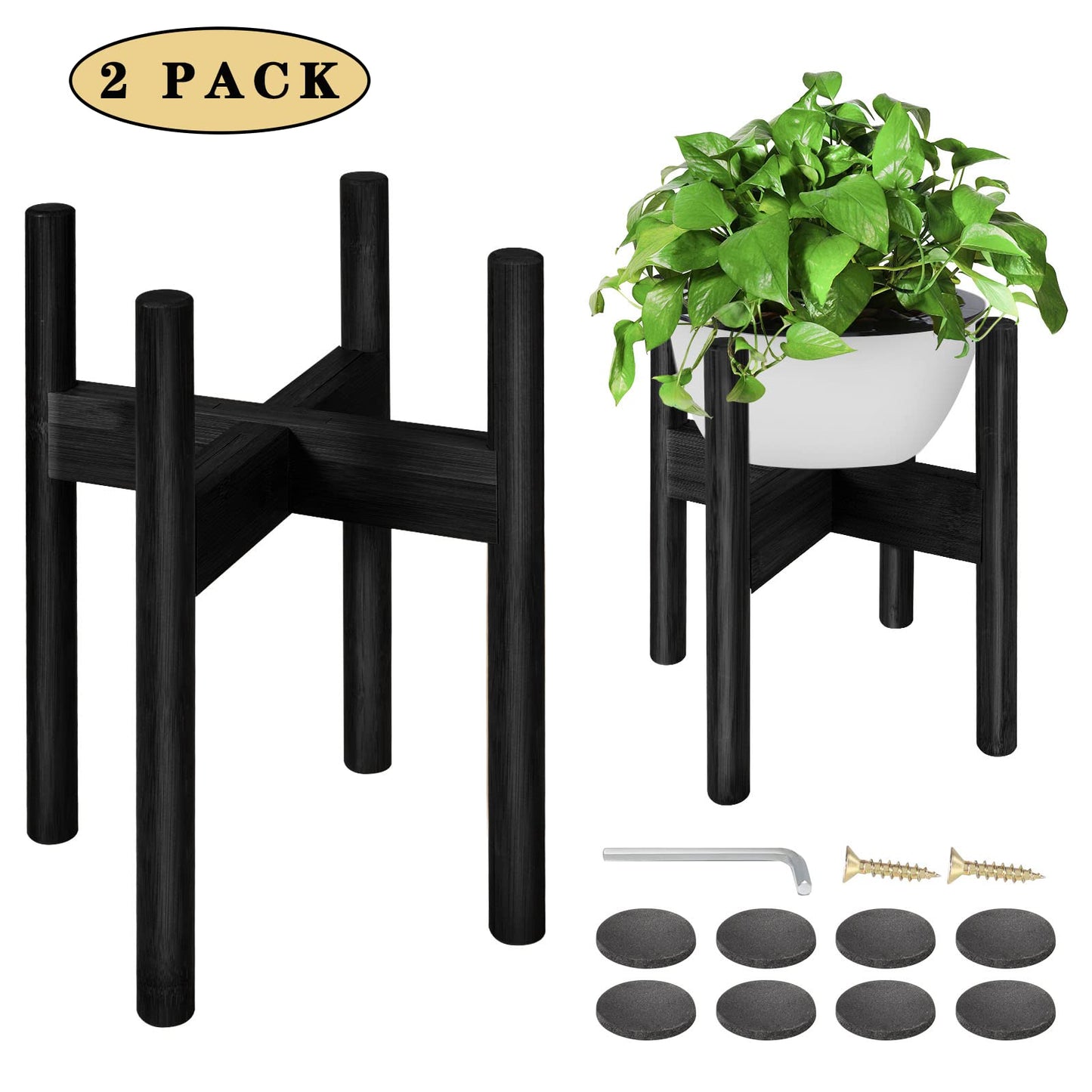 FJO 2Pcs Adjustable Plant Stand Indoor - Bamboo Plant Stands, Bamboo Mid Century Modern Plants Stands, Plant Holder for Living Room Fits 8 to 12 Inches Pots(Pot & Plant Not Included) (Black)