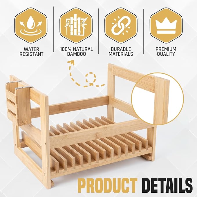 Bamboo Dish Drying Rack with Utensil Holder, Stone Dish Drying Mat, Wooden Dish Drying Rack, Functional Kitchen Organizer, Dish Drainer