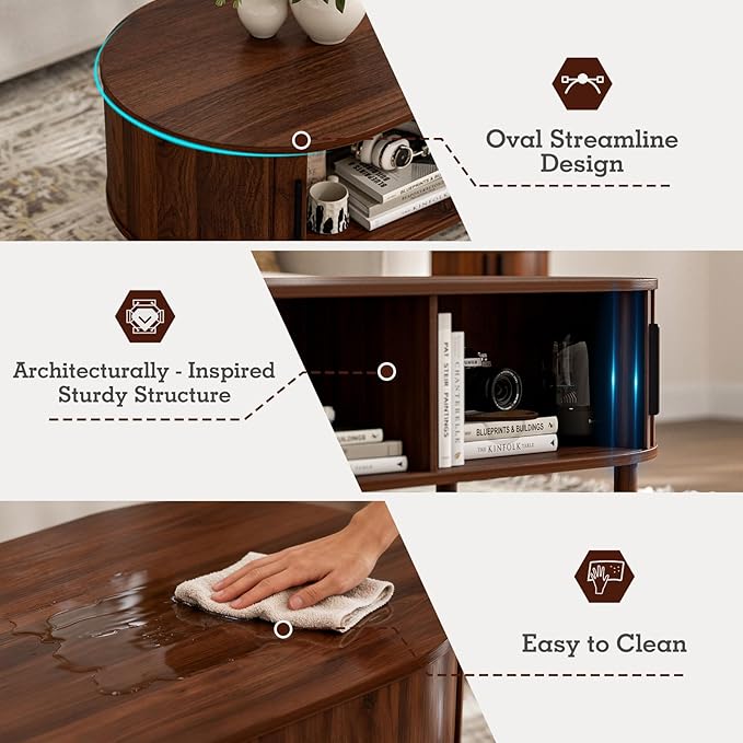 ZttRiee Coffee Table for Living Room, Modern Oval Coffee Table with Cabinets & Sliding Doors, Home Small Space, 47.2" Fluted Center Table, Walnut