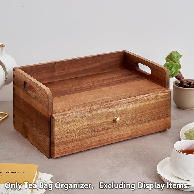 SARUFO Acacia Wood Tea Bag Organizer with Drawer - Tea Station Chest and Storage Box, Coffee and Teabag Holder with 8 Compartments, Containers and Boxes for Countertop Display