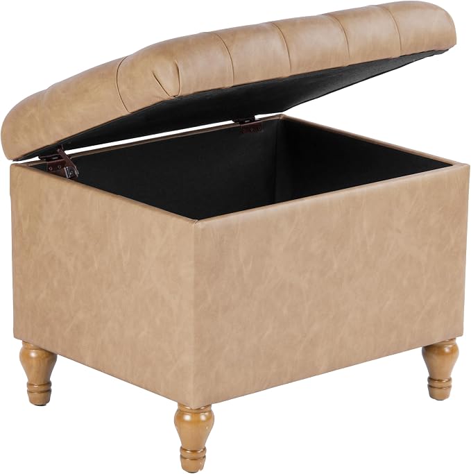 Spatial Order Home Decor | Upholstered Button Tufted Storage Ottoman | Hinged Lid Ottoman with Storage for Living Room & Bedroom | Decorative Home Furniture (Sand Faux Leather)