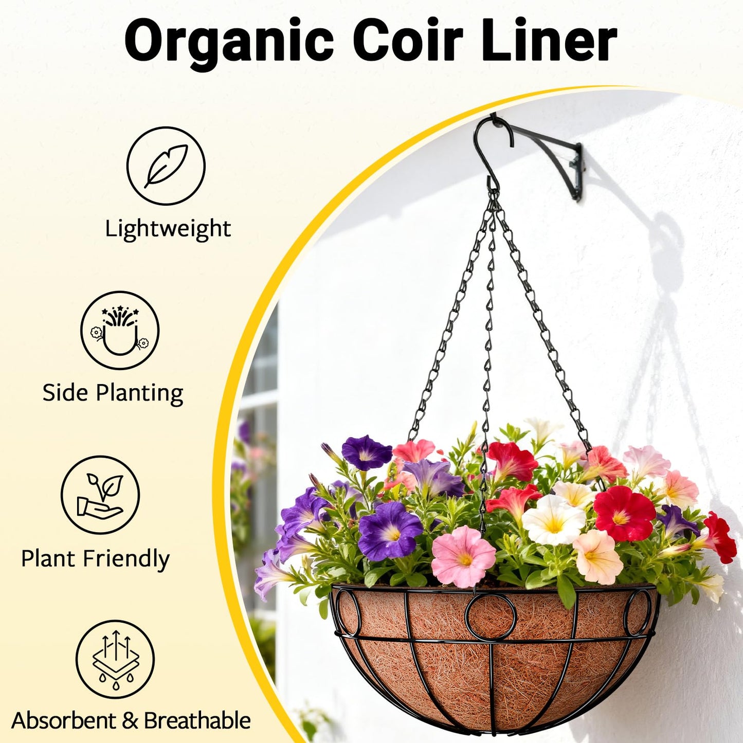 ZeeDix 2 Pack Round Hanging Baskets for Plants Outdoor, 12 Inch Metal Wire Planter Basket with Coco Liner, Hanging Flower Pots for Garden Yard Patio Porch Balcony Decor