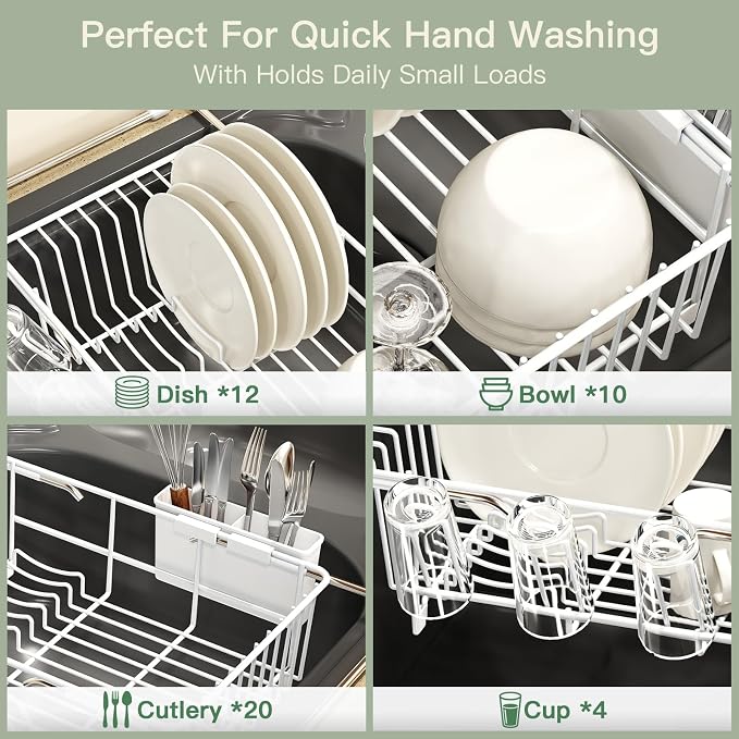 MAJALiS White Dish Drying Rack Over Sink with Utensil Holder, Drainboard | Expandable Stainless Steel Dish Drainer for Small Kitchen, Apartment, RV, Counter Space Saving, Perfect Fit, Rustproof