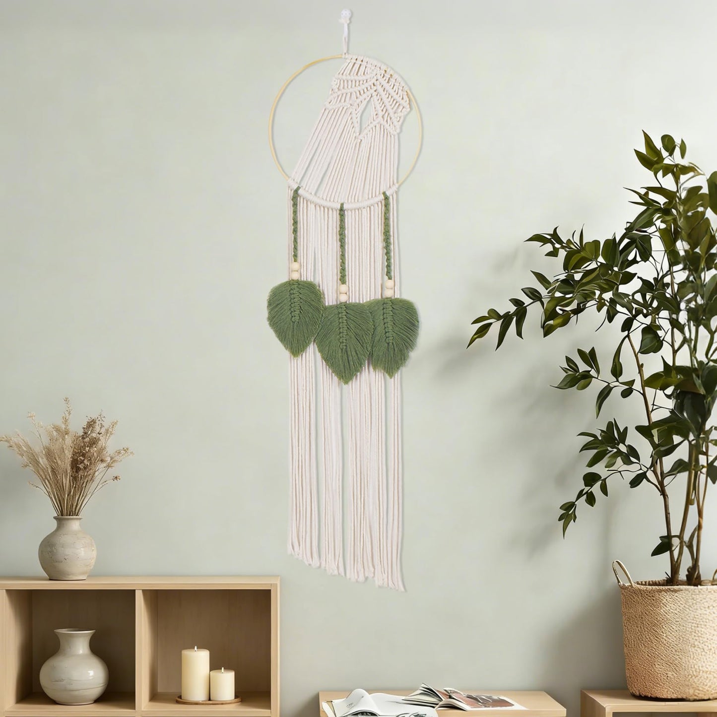 LB Boho Leaf Small Macrame Wall Hanging Green and Beige Hand Woven Cotton Tapestry Wall Art with Wood beads Modern Aesthetic Wall Decor for Home, Bedroom, Living Room