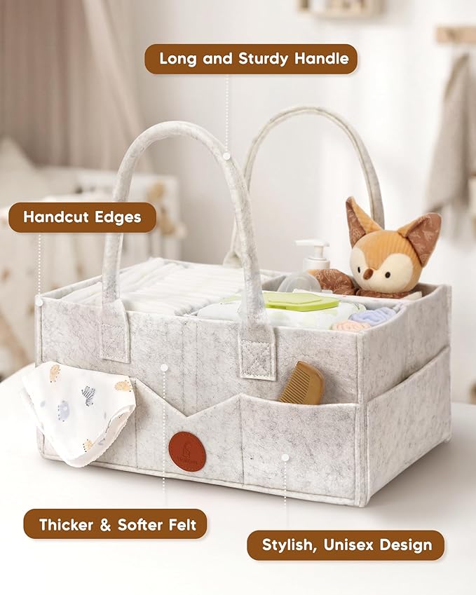 Maliton Diaper Caddy Organizer, Car Organizer with Handle, Felt Diaper Caddy for Baby Nursery Storage, Changing Table Organizer for Baby Stuff, 16" x 10" x 7" Baby Shower Gifts for Newborn (White)