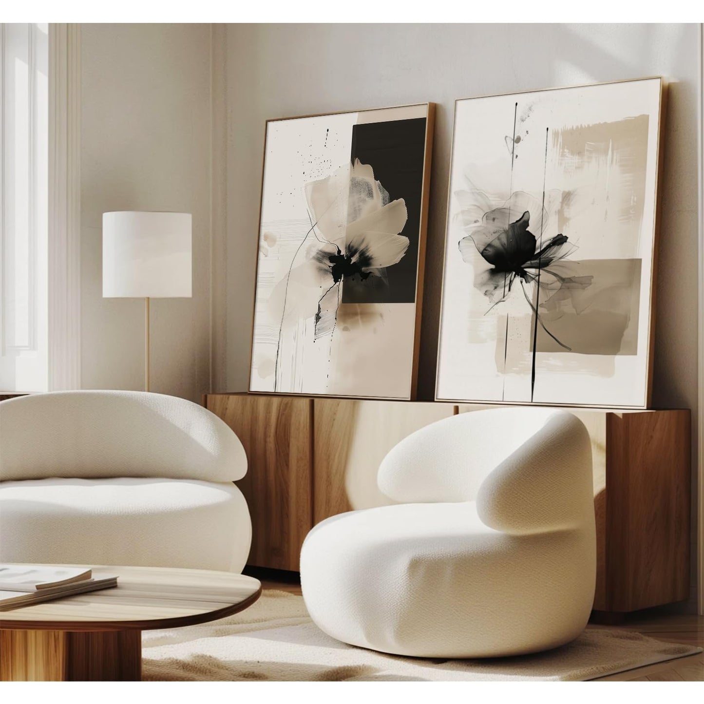 Tocliky Modern Abstract Floral Wall Art Minimalist Neutral Canvas Painting Decor Beige Cream And Black Wall Art Contemporary Flower Picture Prints for Living Room Bedroom 12x16 Inch Unframed Set of 2