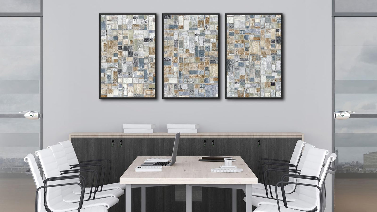 Large Framed Abstract Wall Art - Retro Block Wall Decor Painting 20"x28" Set of 3 Modern Wall Art Prints Rustic Mosaic Canvas Pictures for Living Room Bedroom Office Artwork