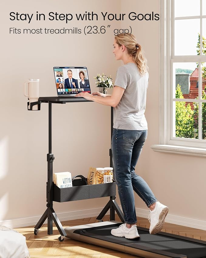ErGear Mobile Standing Desk with Wheels, Adjustable Height 28.3″ to 46.1″, Rolling Laptop Cart with Cup Holder, Storage Basket, Computer & Pen Slot, Home Office Stand Up Desk, Black (31.5″ x 15.75″)