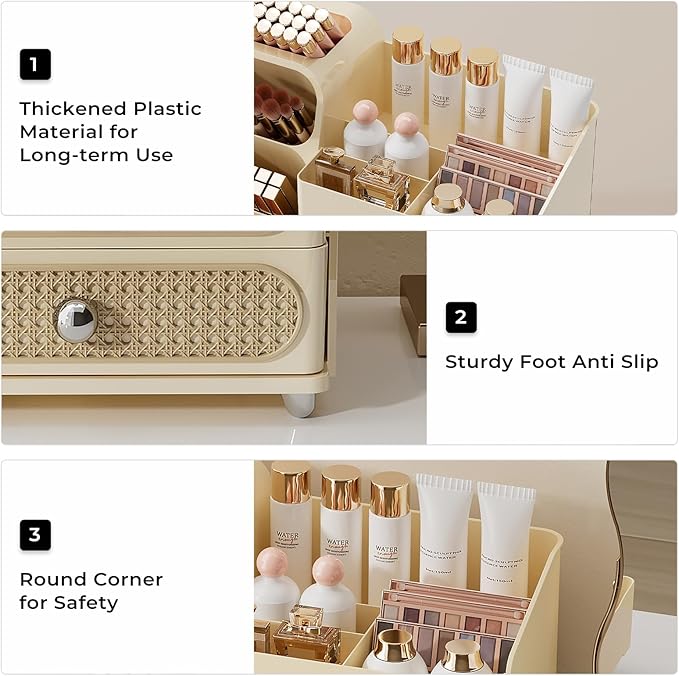 UFORU Makeup Organizer for Vanity with Brush Holder, Large Capacity Bathroom Countertop Skincare Organizer with 2 Drawers, Cosmetic Display Case for Perfumes, Eyeshadow Palettes, Nail Polishes