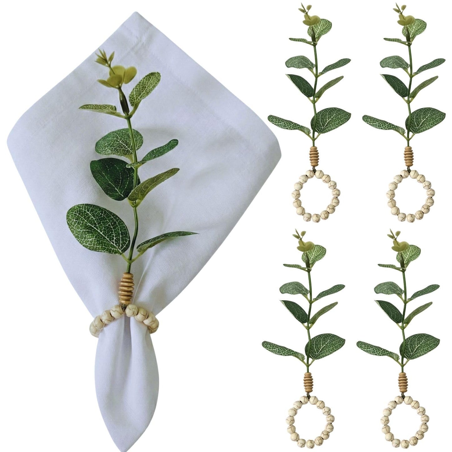 Maison Charlo Eucalyptus Napkin Rings Set of 4, Handmade Green Leaf Napkin Ring Holders, Natural Table Decor for Dining, Wedding, Rustic & Modern Table Settings
