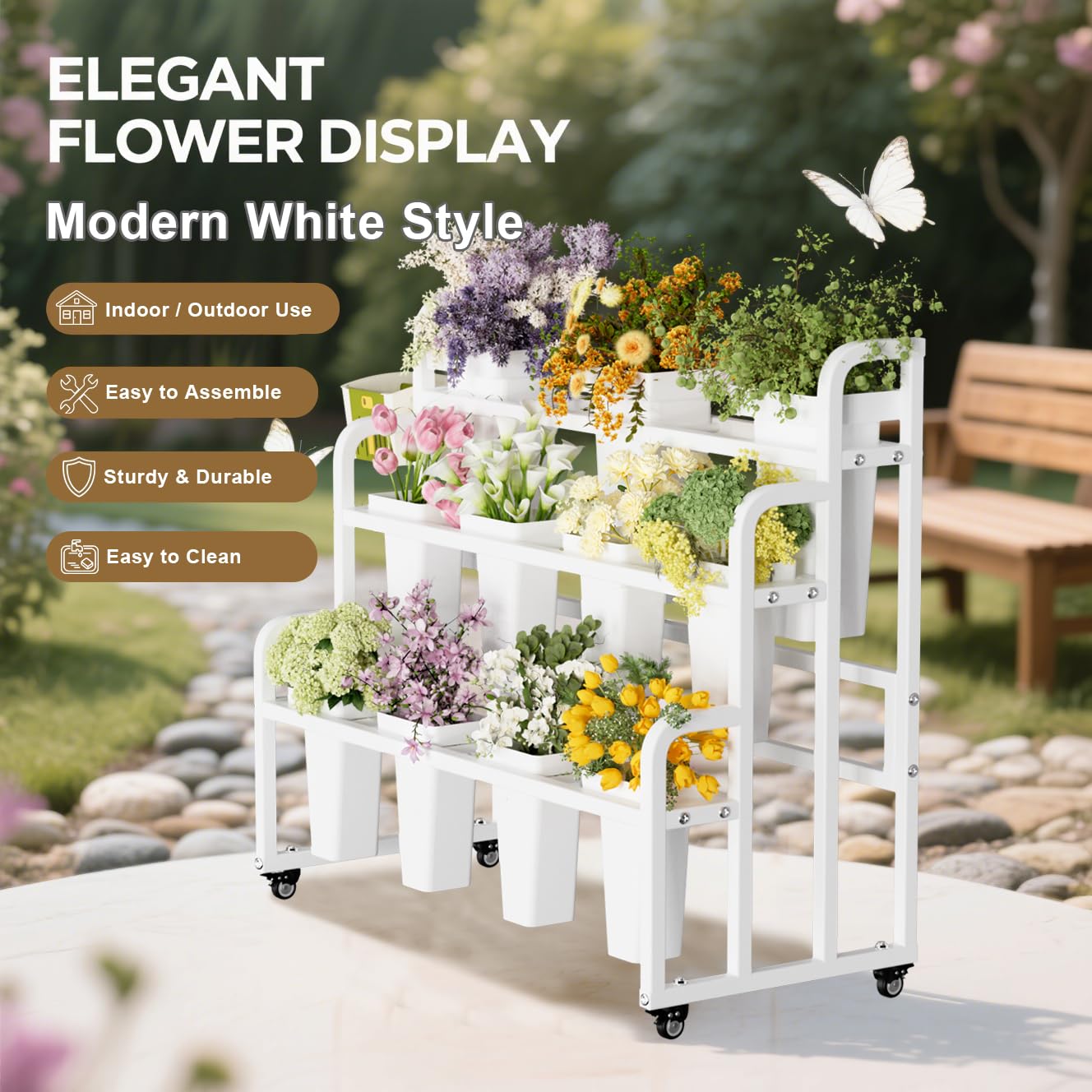 GVRVHJS Flower Display Stand with 11 Buckets, Moving Florist Bouquet Shelf, Upgrade 360° Swivel Wheels and Brake, Flower Cart 3 Layers for Indoor, Outdoor Patio Garden, Living Room, Florist (White)