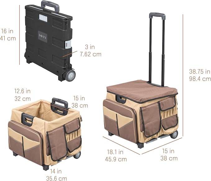 Mobile Folding Utility Cart with Canvas Storage Organizer Bag, Rolling Cart, Chocolate/Sand