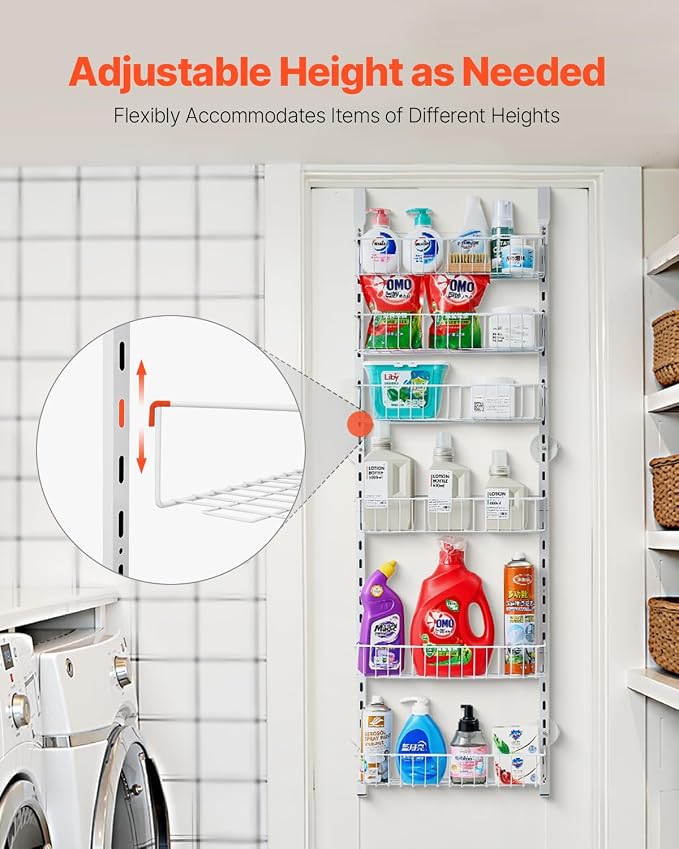 VEVOR Over the Door Pantry Organizer, 6-Tier Pantry Organization and Storage, Heavy-Duty Steel Hanging Spice Rack, Adjustable Wall Seasoning Shelves, for Home Kitchen Laundry Room Bathroom, White