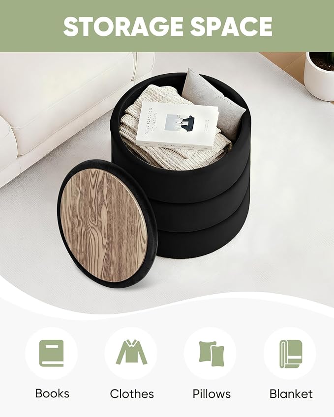 B FSOBEIIALEO Round Velvet Storage Ottoman with Tray, Folding Ottoman with Storage Coffee Table Foot Rest for Dorm Room, Living Room Black, 15.35"x15.35"x14.57"