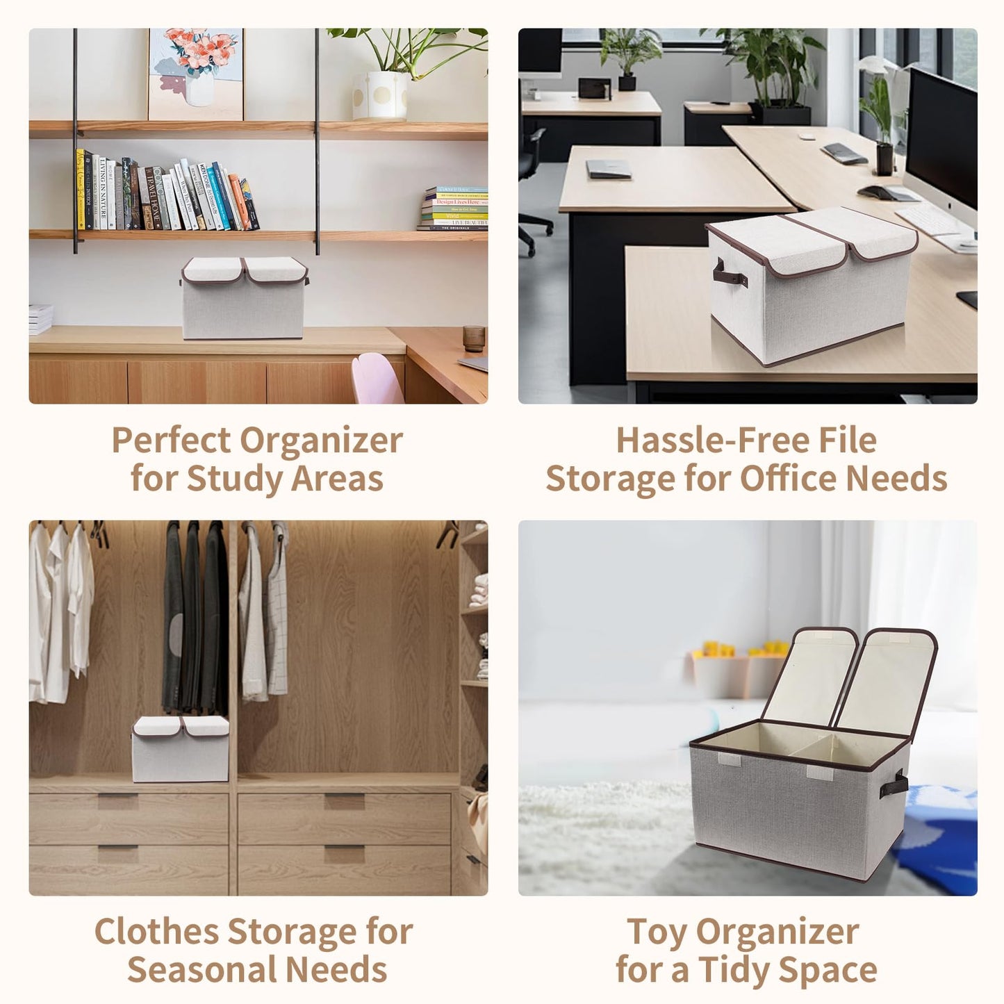 Tcbelosion Foldable Fabric Storage Box, 16.5 x 11.8 x 9.8 inches (L x W x H), with Double-Lid & Dividers, Large Organizer for Home, Closet, Office(Grey)