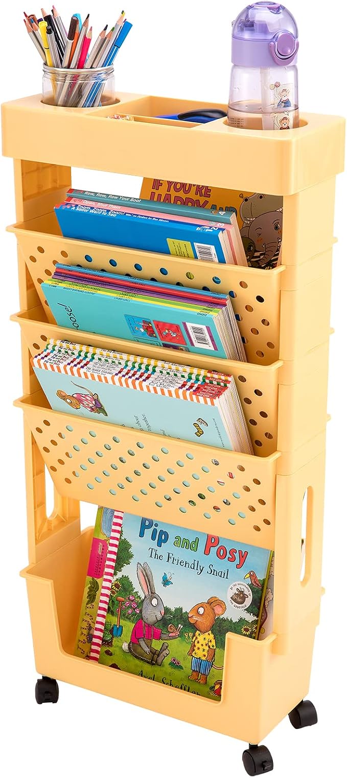 Yellow Rolling Office Paper Organizer, Mobile Book Cart Document Folder File Storage with Pen Holder, Slim Rolling Storage Cart Movable Bookshelf for Office, Dorm, Classroom, Nursery