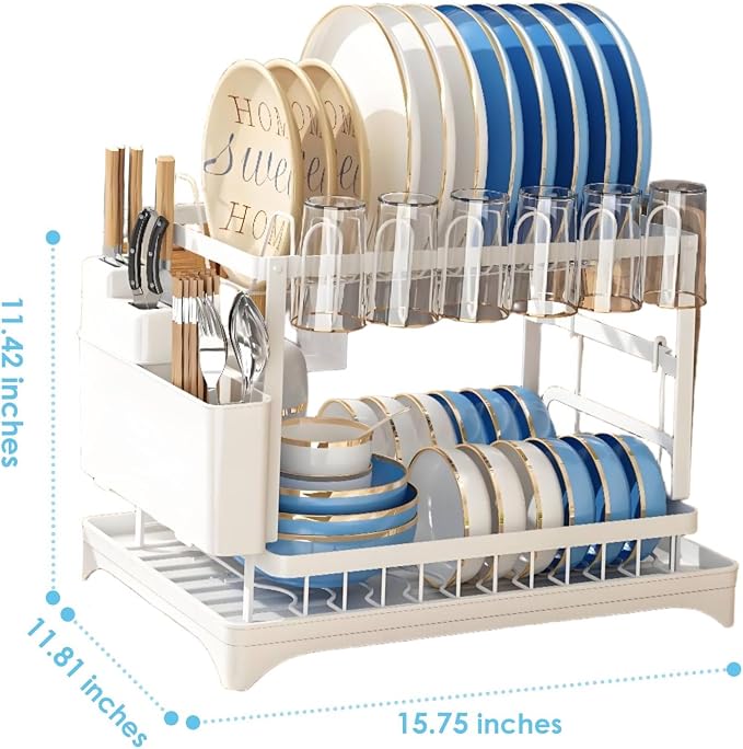 AIDERLY Dish Drying Rack for Kitchen Counter 2 Tier Iron Dish Drainer with Removable Cutlery Basket, White