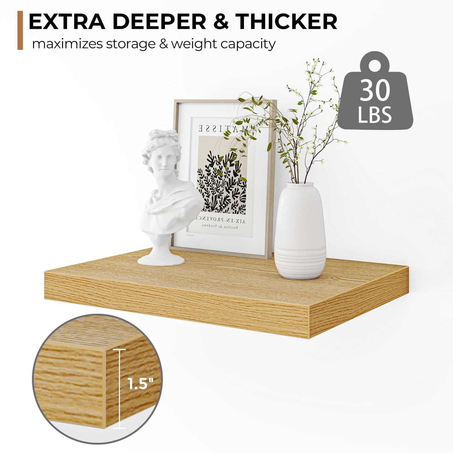 Fun Memories Floating Shelves - 2 Pack 12 Inch Rustic Wooden Wall Shelves - Extra Deeper & Thicker Wall Mounted Storage Shelf for Living Room, Kitchen, Farmhouse - 16" W x 12" D x 1.5" H - Oak