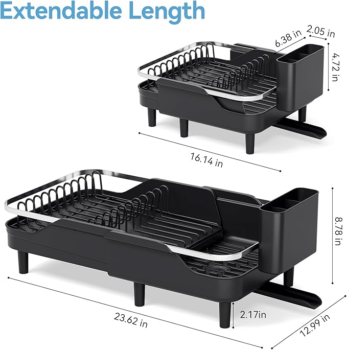 Urackify Dish Drying Rack for Kitchen Counter, Expandable Stainless Steel Dish Racks with Adjustable Water Spout, Space Saving Dish Drainer with Cutlery Holder,16.14"-23.62" L x 12.99" x 8.78",Black