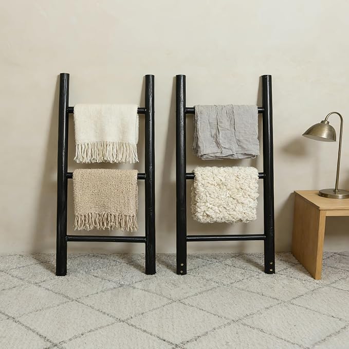 Wooden Blanket Ladder - 76in Natural & Motley Wood - Leaning Wall Decor for Bedroom, Bathroom, Living Room - Rustic Quilt Holder & Towel Rack (Black, 76in | Pre Assembled)