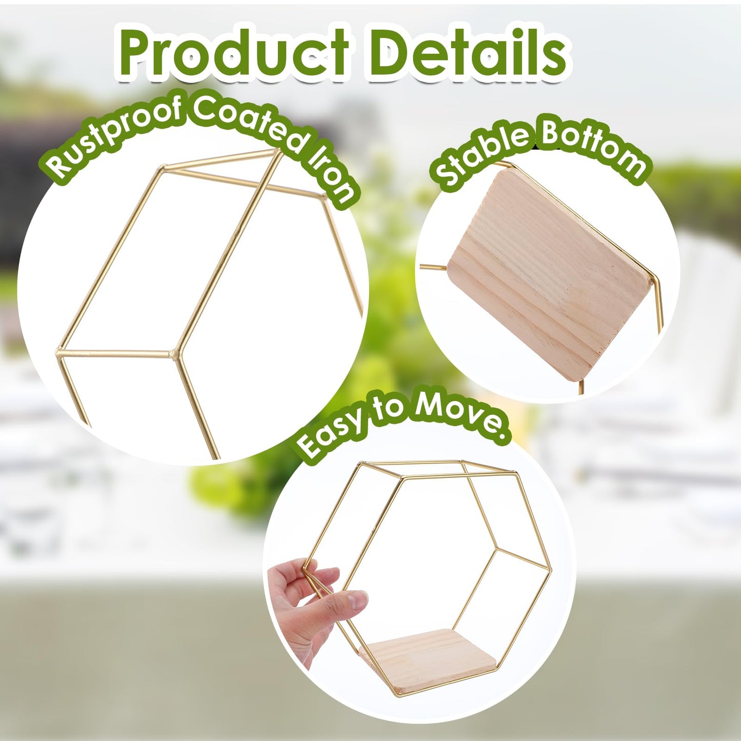 mekueeex Wall Mounted Hexagon Floating Shelves, Metal Framed Gold Shelf with Wooden Floor Storage Shelves, Modern Wall Decor for Living Room, Bedroom, Kitchen, Office, Set of 3 Size ﻿