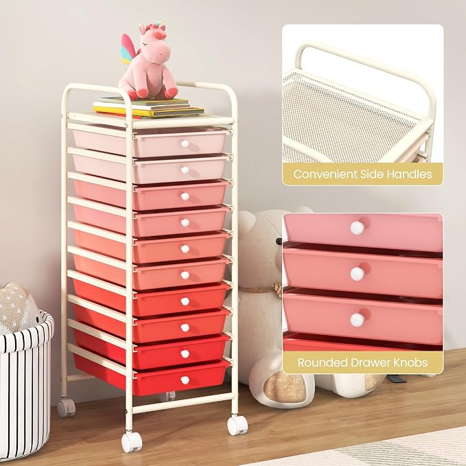COSTWAY 10-Drawer Rolling Storage Cart, Utility Mobile Trolley with Removable Drawers & Universal Casters & 2 Brakes, Versatile Flexible Drawer Organizer Cart for Home, Office, Mixed Pink