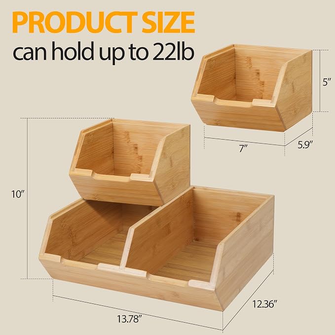 3 Pack Stackable Bamboo Potato Onion Storage Bins - Pantry Organizers for Kitchen Countertop, Ventilated Food Storage Containers for Fruits Vegetables