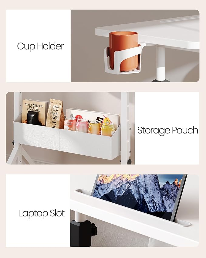 ErGear Mobile Standing Desk with Wheels, Adjustable Height 28.3″ to 46.1″, Rolling Laptop Cart with Cup Holder, Storage Basket, Computer & Pen Slot, Home Office Stand Up Desk, White (31.5″ x 15.75″)