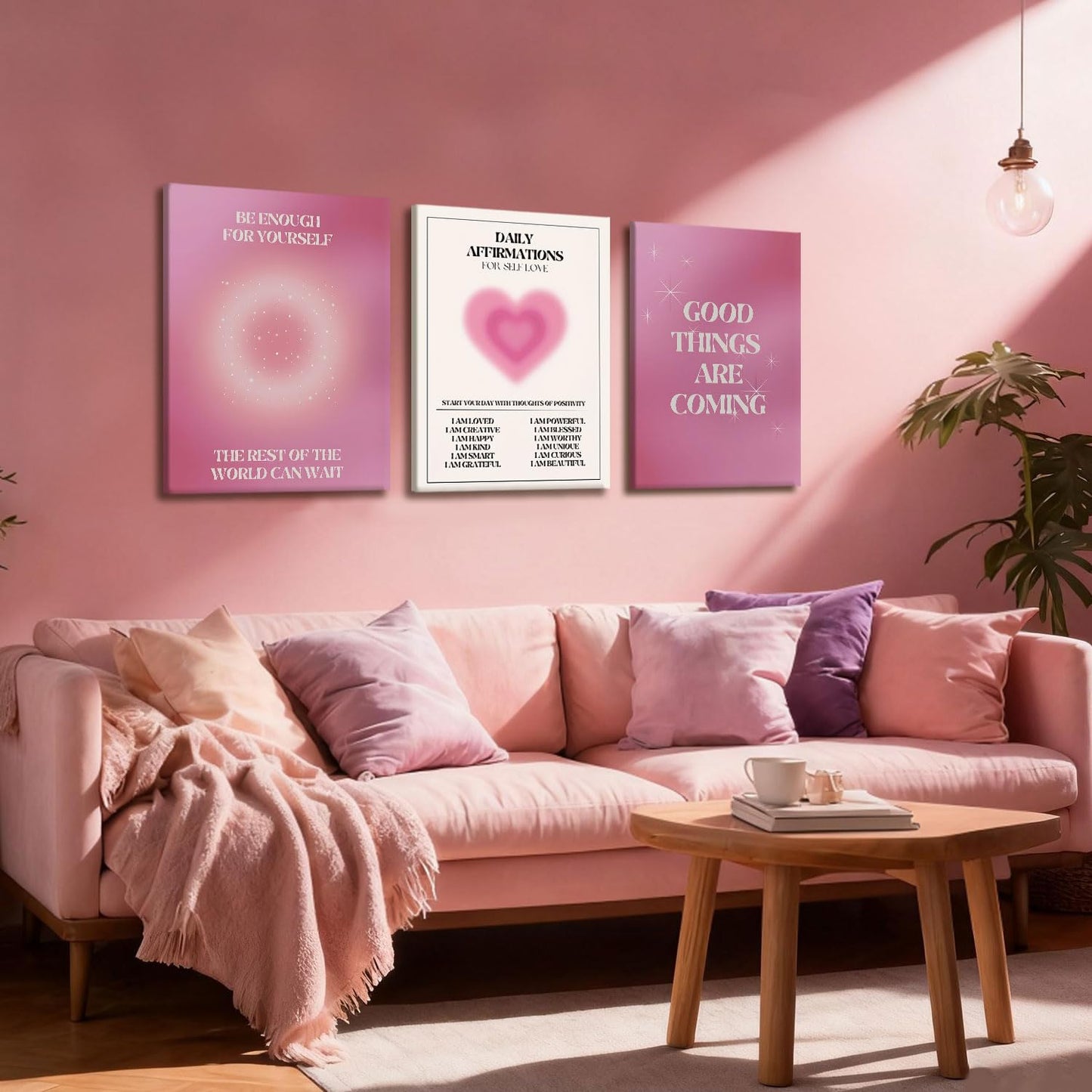 NCCXNCC 3-Pcs Pink Angel Digital Canvas Wall Art Daily Affirmations Wall Decor Painting Gradient Halo Artwork Aesthetic Poster Print Suitable for Apartments, Dormitories, Girls' Bedrooms 12x16 inch