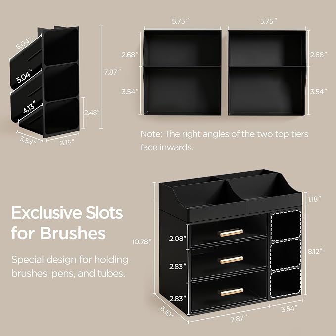 HBlife Cologne Organizer for Men Makeup Organizer Countertop with Brush Holder, Large Bathroom Counter Organizer with Drawers, Plastic Dresser Organizer Storage Fathers Day Gift for Dad Husband, Black