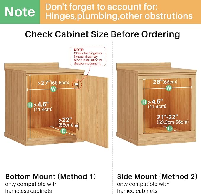Pull Out Cabinet Organizer, Soft Close Wooden Slide Out Drawers for Pots and Pans, Full-extension Roll Out Shelves for Kitchen Cabinets, Pantry Organization, Bottom & Side Mount(26"W X 21"D x 3.4''H)