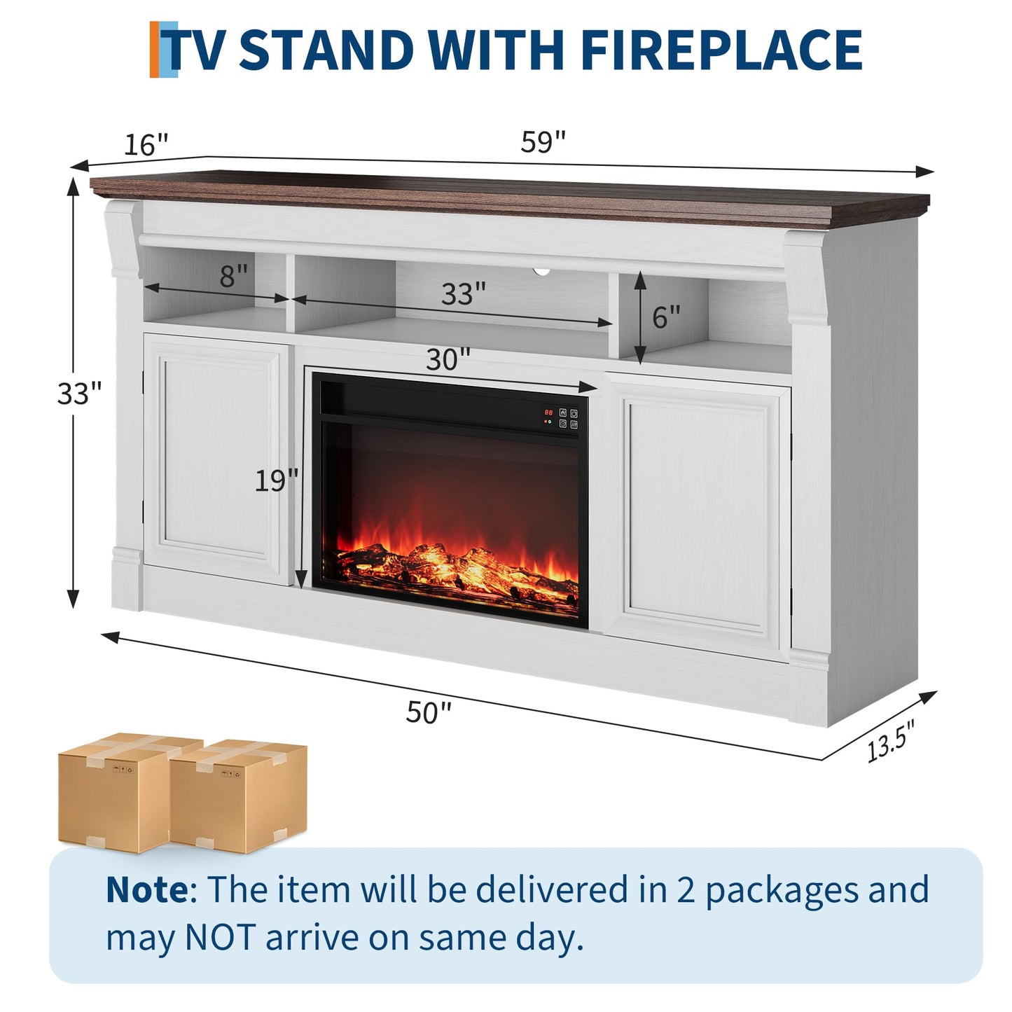 GAOMON 58 Inch Fireplace TV Stand, Wooden Entertainment Center with 36 Inch Electric Fireplace, 3D Realistic Flame, Farmhouse Media Console with Storage Cabinets for Living Room, White+Brown