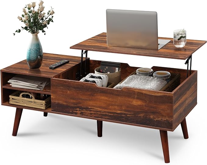 WLIVE Coffee Table, 47“ Lift Top Coffee Tables with Adjustable Storage Shelf and Hidden Compartment, Lift Tabletop Dining Table for Living Room, Rustic Oak