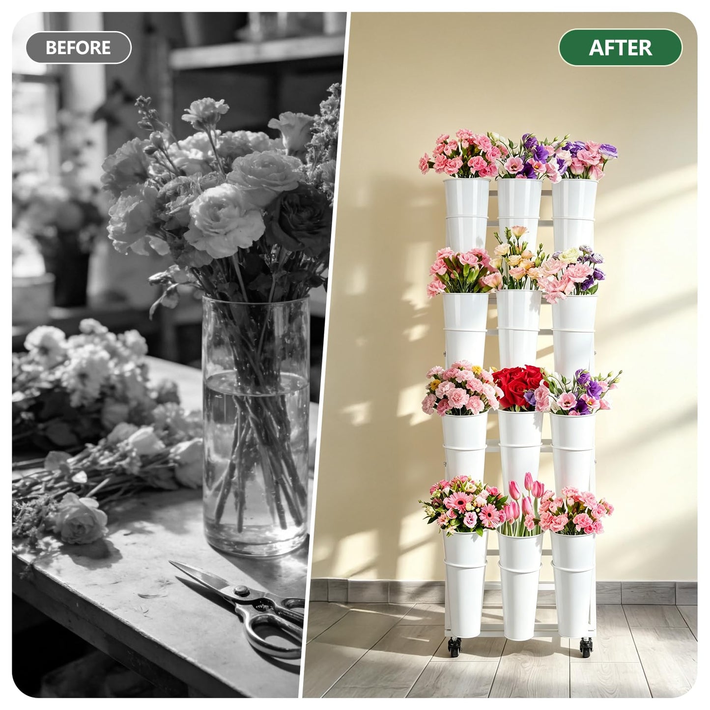 ZpigToor Flower Display Stand With 12 Buckets,4-Tier Flower Bar with Wheels,Flower Cart Display Stand for Florist Garden Wedding Home Decor (White)