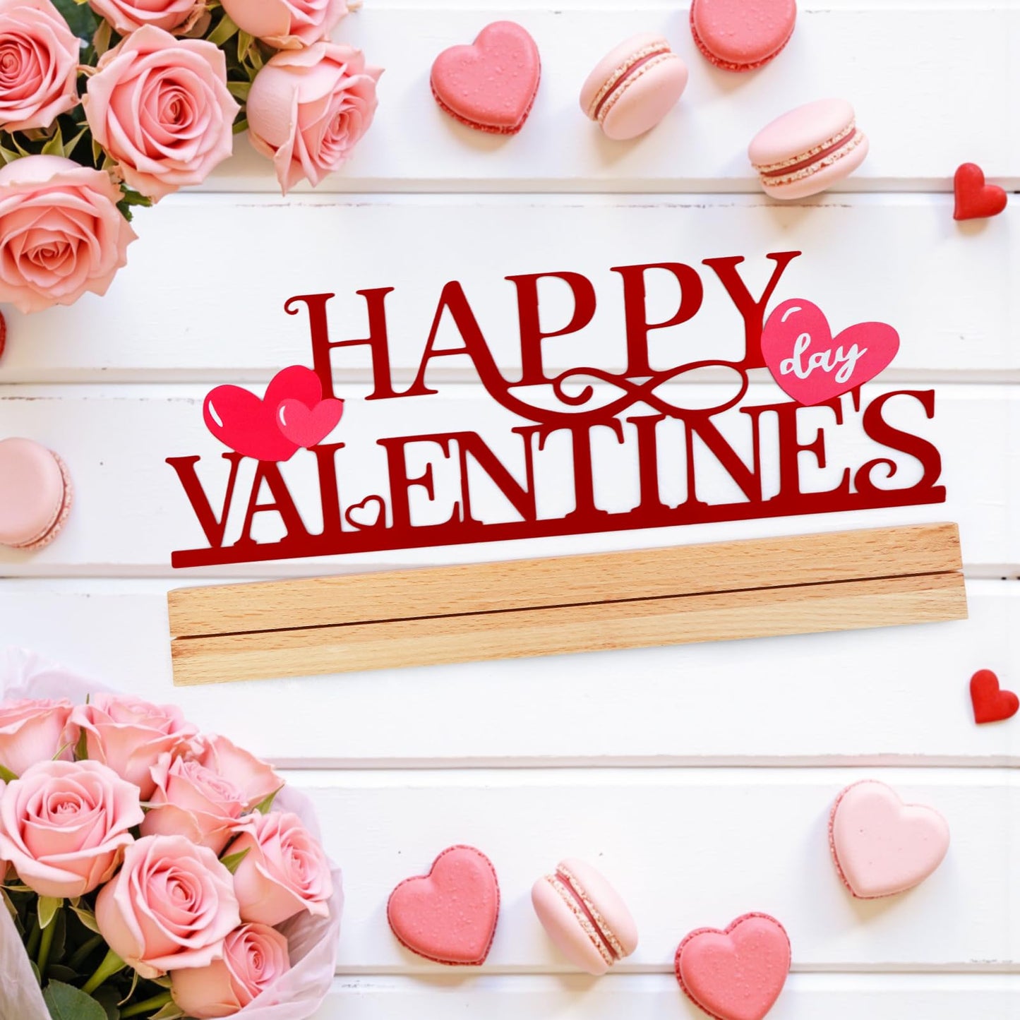 ASTNIC Metal Happy Valentine's Day Sign,Valentines Day Decorations Indoor Romantic Heart Word Valentines Day Table Decorations with Wooden Base for Home Decor Party Wedding Shelf Tabletop Centerpiece Gifts (Red, Happy Valentine’s)