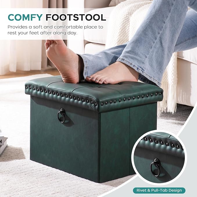 oakvivo Small 16 x 12 x12 Inches Folding Storage Ottoman, Faux Leather Foot Rest Stool with Rivet Design, Ottoman with Storage Vanity Stool Coffee Table for Living Room, Bedroom, Load 242 lbs, Green