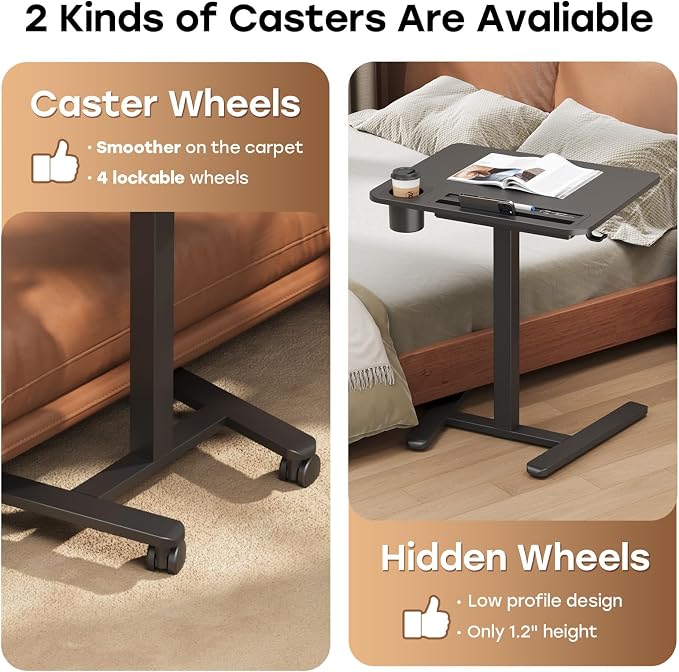 Small Mobile Standing Desk with Drawer, 23.6"x19.7" Rolling Laptop Cart on Wheels, Height Adjustable Sit Stand Computer Workstation with Storage for Compact Space, Black