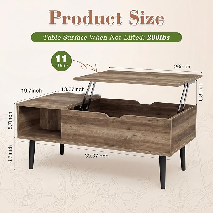 OLIXIS Wooden Coffee Table, Lift Top Coffee Stand with Large Hidden Compartment and Ample Storage Shelf, Lift Tabletop Dining Table for Living Room, Home Small Space, Grey
