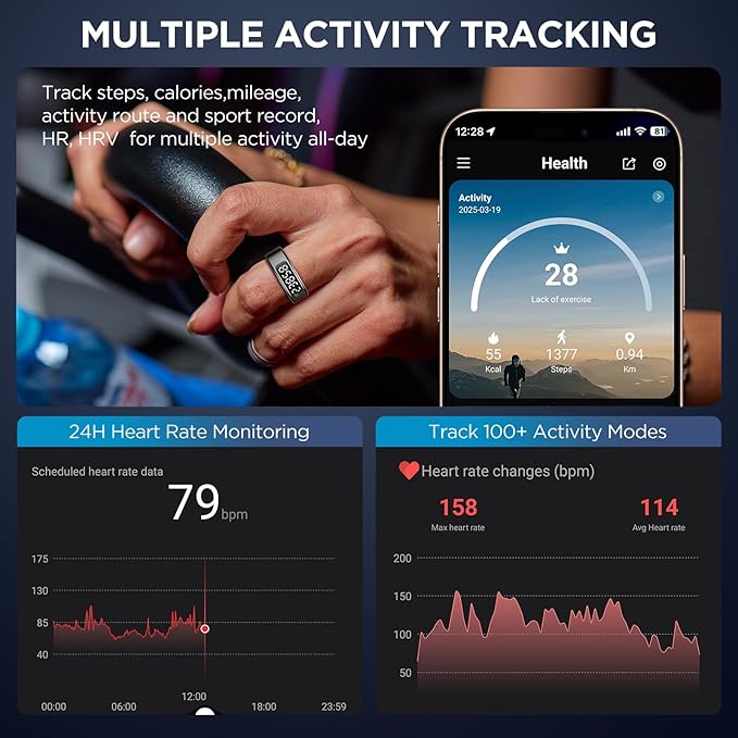 Smart Rings for Men with Display Screen, Fitness Ring with Wireless Charging, Sleep Tracker Ring with Heart Rate, Health Rings for Activity Monitoring/Steps/Calories, for iOS Android (Black,11#)