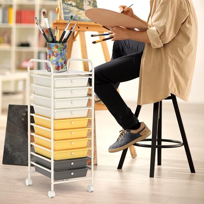 COSTWAY 10-Drawer Rolling Storage Cart, Utility Mobile Trolley with Removable Drawers & Universal Casters & 2 Brakes, Versatile Flexible Drawer Organizer Cart for Home, Office (Yellow)
