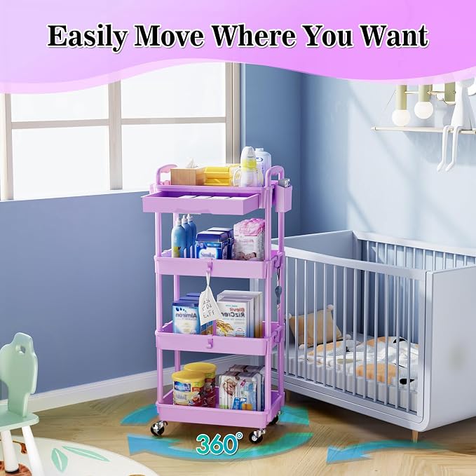 SUNALLY 4 Tier Rolling Cart Organizer with Drawer, Bathroom Storage Carts with Wheels & Plastic Shelf, Mobile Storage Organizers for Kitchen, Office, Laundry Room, Baby, Snack, Craft, Makeup, Purple