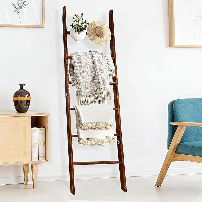 Wooden Blanket Ladder, Leaning Towel Rack with 5 Hooks, Rustic Quilt Display Ladder Stand for Bathroom, Bedroom, Living Room, Easy Assembly